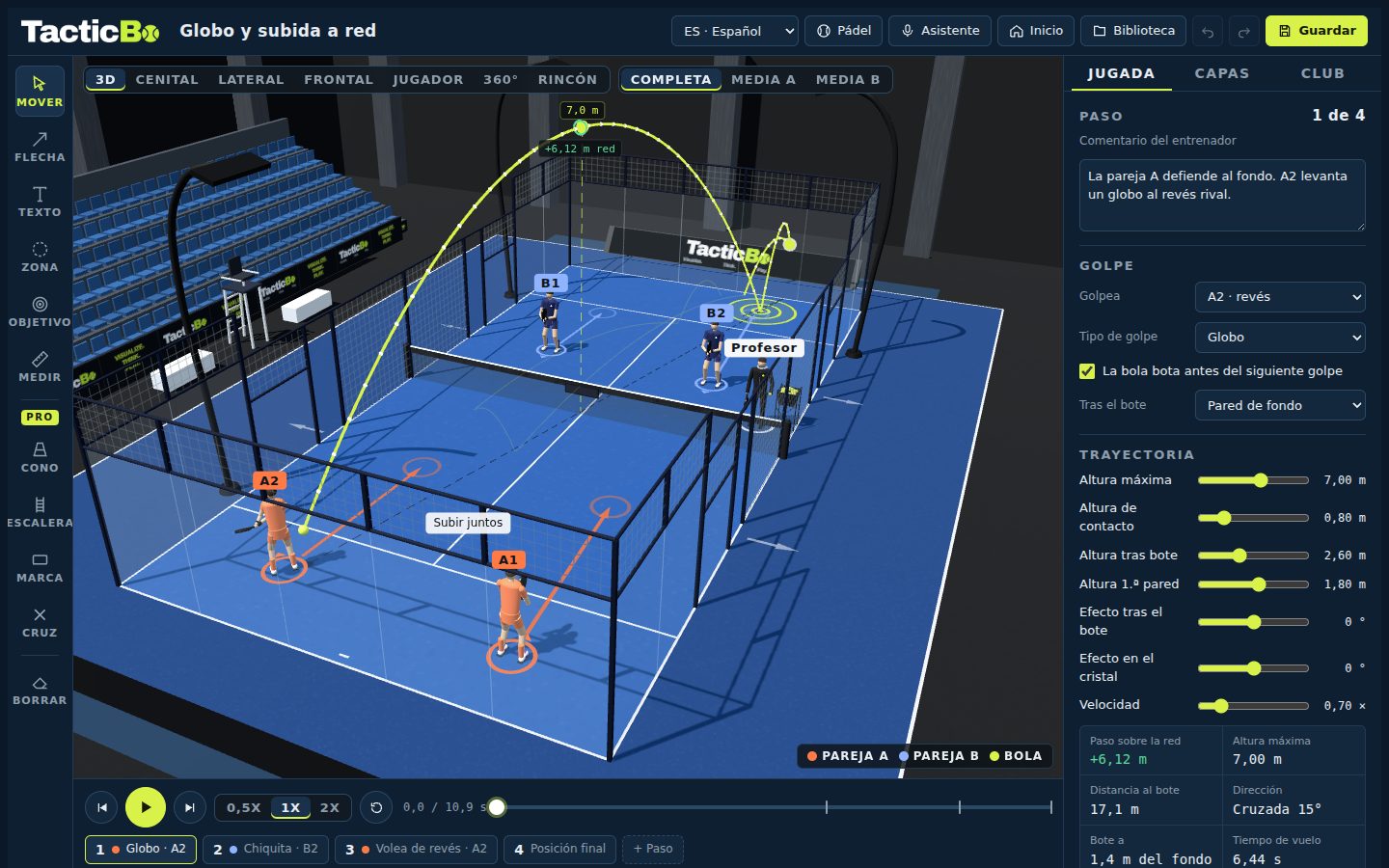Padel board: lob and approach to the net with the ball's trajectory