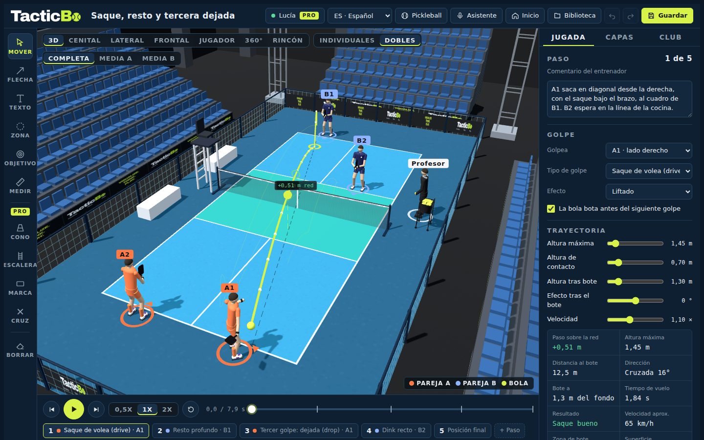 Pickleball board: serve, return and third-shot drop with the serve-in reading