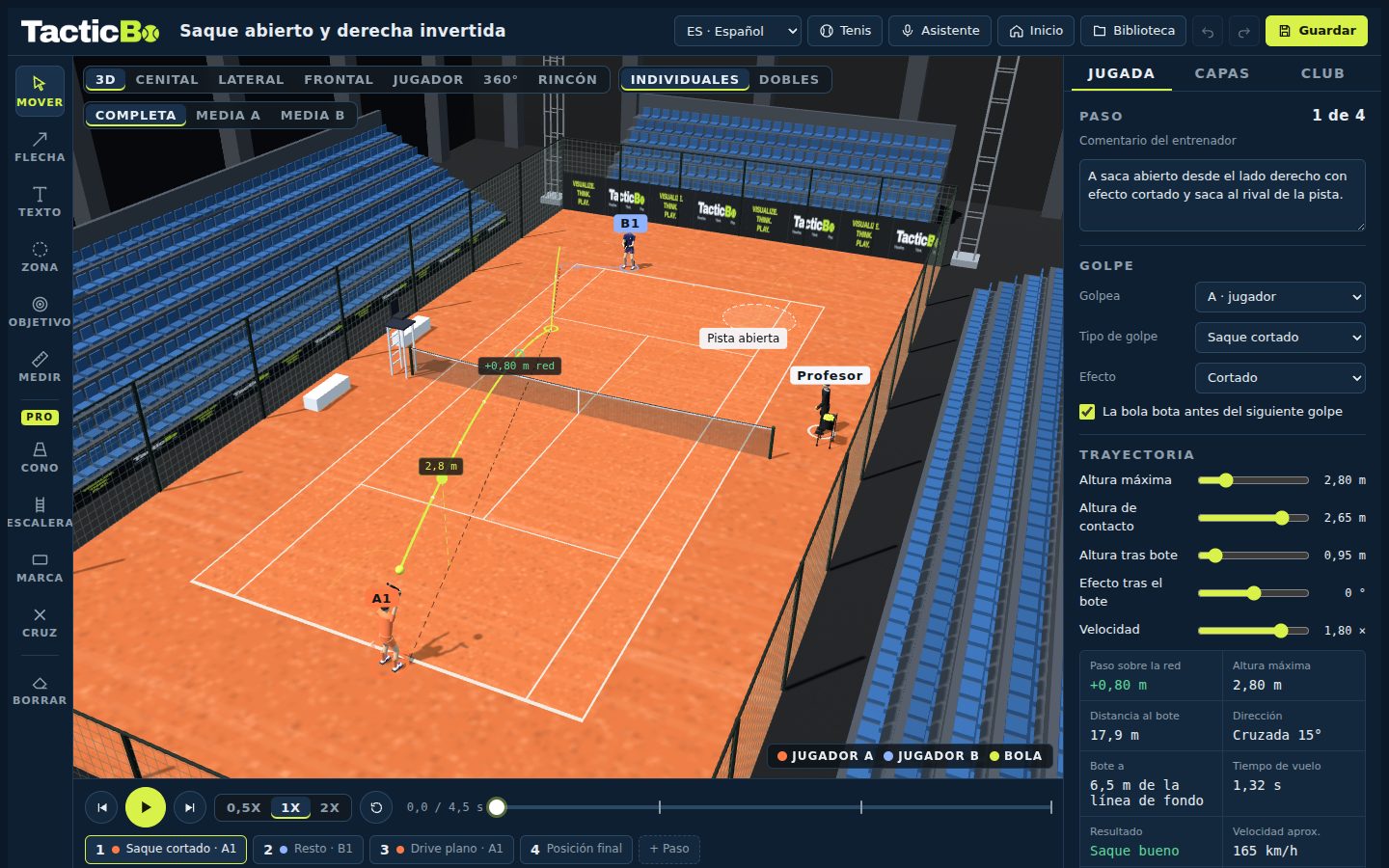 Tennis board on clay: wide serve with the serve-in reading and speed